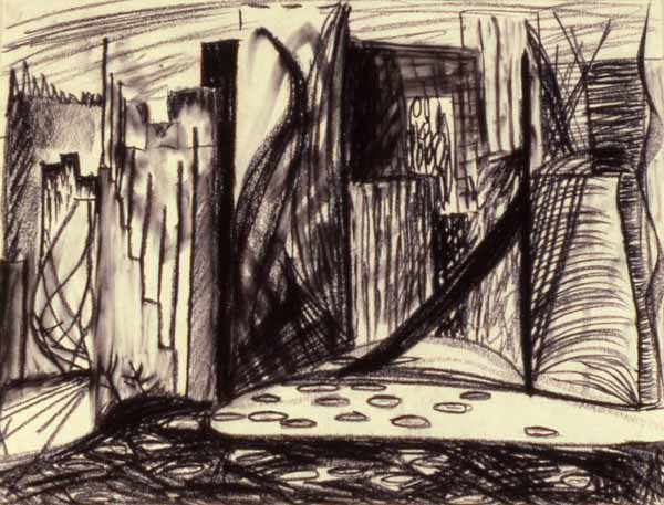 Cityscape charcoal drawing Zoras Garden Lore Stephan