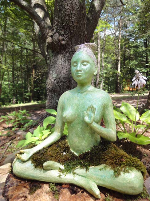 Green Tara sculpture in cast gypsum cement with patina, glitter and growing moss