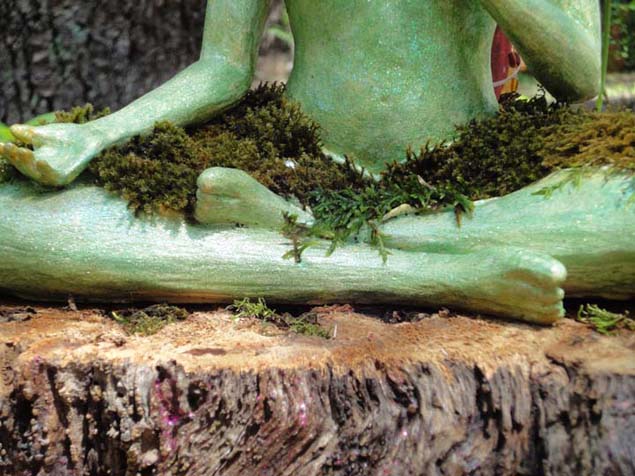 Green Tara sculpture in cast gypsum cement with patina, glitter and growing moss