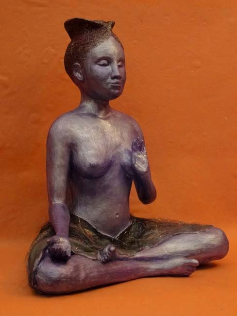 Purple Tara sculpture in cast gypsum cement with patina, glitter and fibers