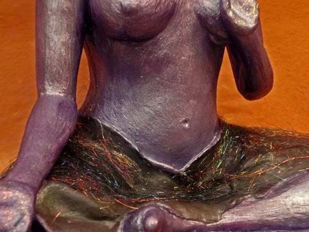 Purple Tara sculpture in cast gypsum cement with patina, glitter and fibers